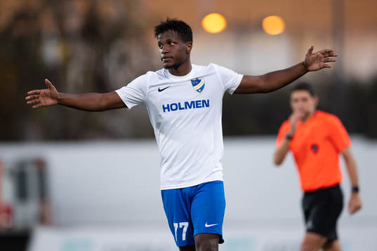 Manasse Kusu of Norrköping celebrates