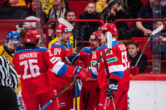 Pavel Kudryavstsev of Russia celebrate with teammates