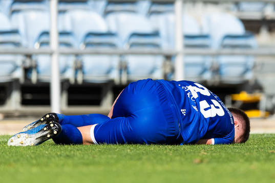 Emil Holm of IFK Göteborg in pain due to an injury that