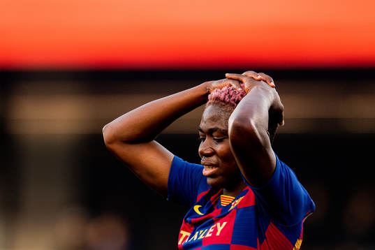 Asisat Oshoala of Barcelona reacts