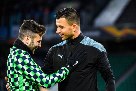 Renato Steffen of Wolfsburg and Behrang Safari of Malmö FF