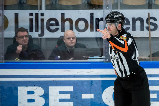 Domare Richard Magnusson signalerar för mål