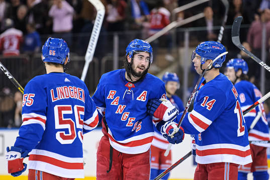 New York Rangers Mika Zibanejad (C) celebrates with