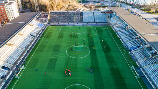 Aerial view of youth teams practicing at Östgötaporten