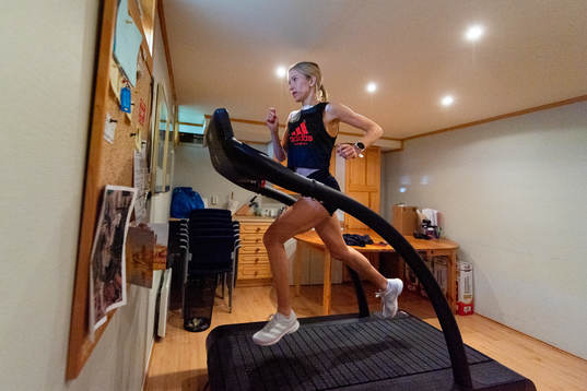 Norwegian athlete Karoline Bjerkeli Grøvdal trains at home
