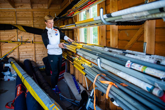 Norwegian pole vaulter Sondre Guttormsen trains at home as