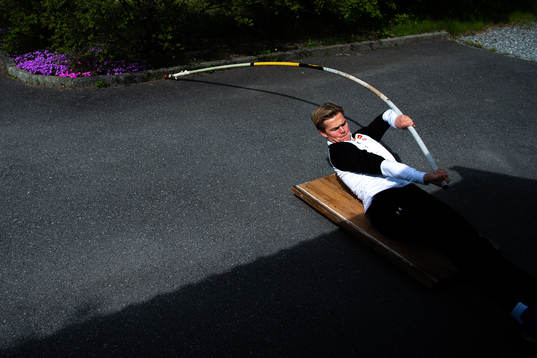 Norwegian pole vaulter Sondre Guttormsen trains at home as