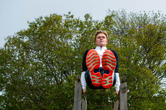 Norwegian pole vaulter Sondre Guttormsen trains at home as