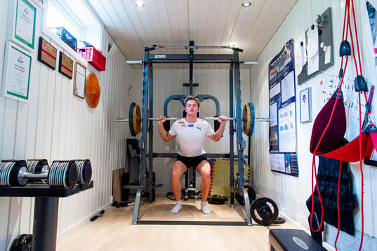 Norwegian pole vaulter Sondre Guttormsen trains at home as