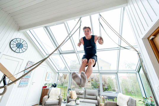 Norwegian pole vaulter Sondre Guttormsen trains at home as