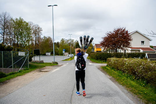 Norwegian pole vaulter Sondre Guttormsen walks to the local