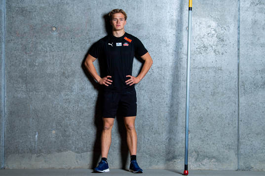 Norwegian pole vaulter Sondre Guttormsen poses for a