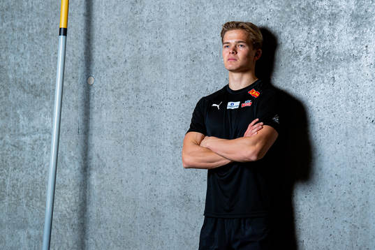 Norwegian pole vaulter Sondre Guttormsen poses for a