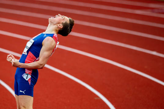 Karsten Warholm of Norway celebrates