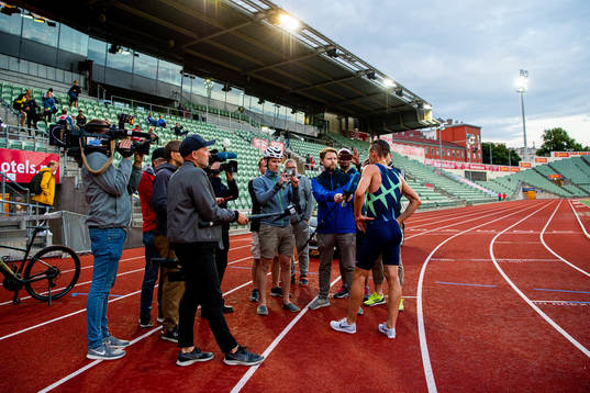 Henrik Ingebrigtsen of Norway talks to the media