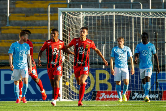 Östersunds Nebiyou Perry och Felix Hörberg jublar