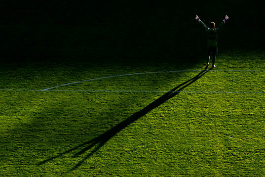 Goalkeeper Jonas Deumeland of Start celebrates