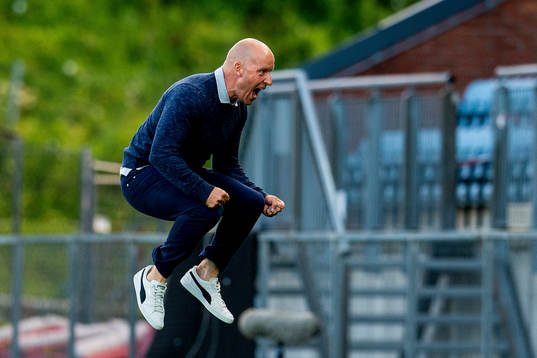 Henrik Pedersen, head coach of Strømsgodset, celebrates