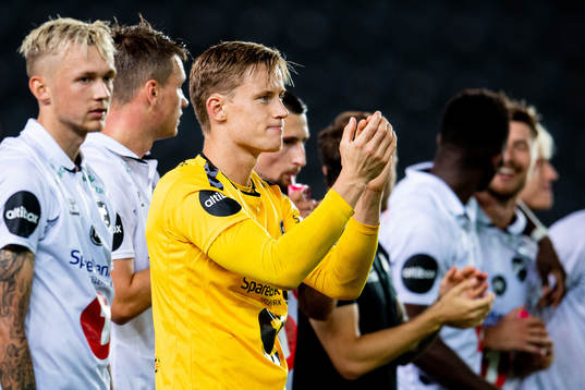 Goalkeeper Sondre Rossbach and teammates of Odd celebrate