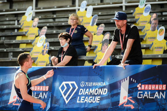 Thobias Montler of Sweden in conversation with coach