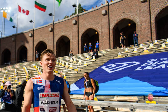 Karsten Warholm of Norway celebrates