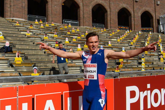 Karsten Warholm of Norway celebrates