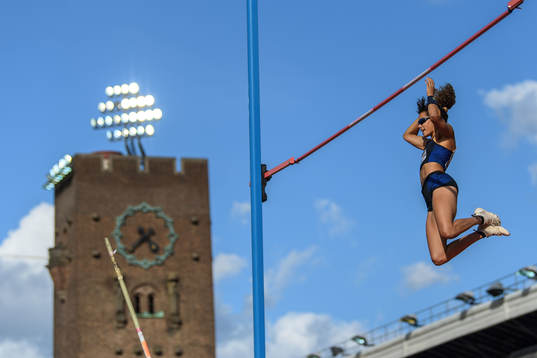 Angelica Bengtsson of Sweden celebrates when competing in