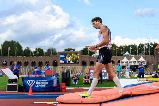 Armand Duplantis of Sweden celebrates when competing in