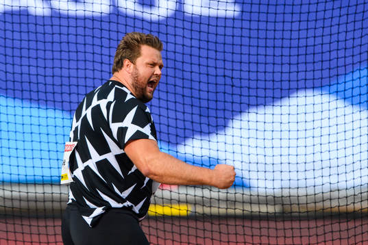 Daniel Ståhl of Sweden celebrates in