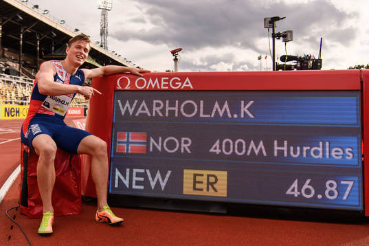 Karsten Warholm of Norway celebrates