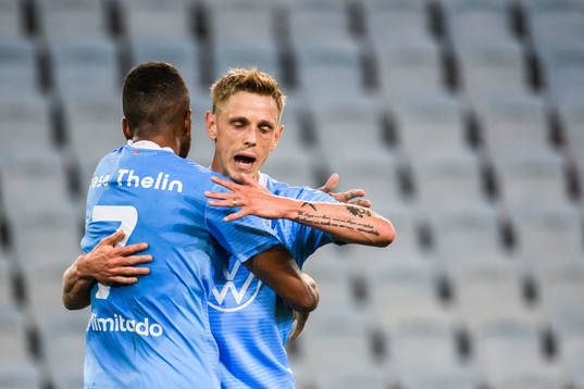 Sören Rieks celebrate with Isaac Kiese Thelin of Malmö FF