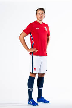 Sander Berge of the Norwegian national football team poses