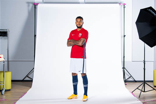 Joshua King of the Norwegian national football team poses