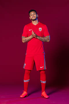 Joshua King of the Norwegian national football team poses