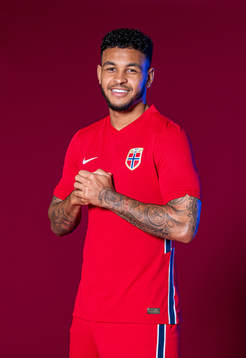 Joshua King of the Norwegian national football team poses