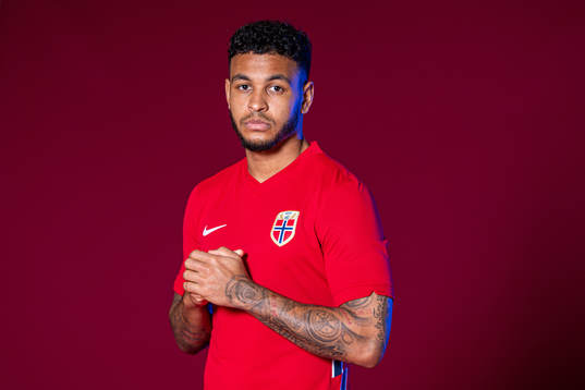 Joshua King of the Norwegian national football team poses