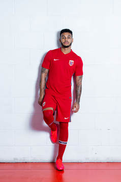 Joshua King of the Norwegian national football team poses