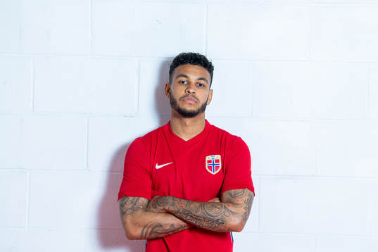 Joshua King of the Norwegian national football team poses