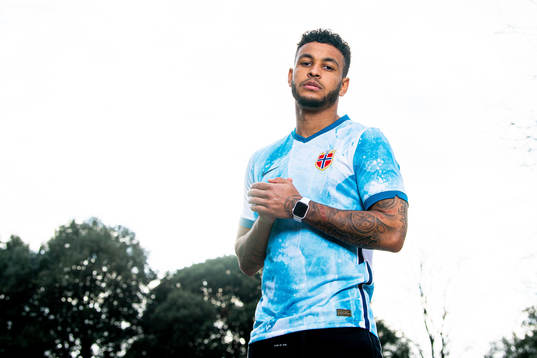 Joshua King of the Norwegian national football team poses