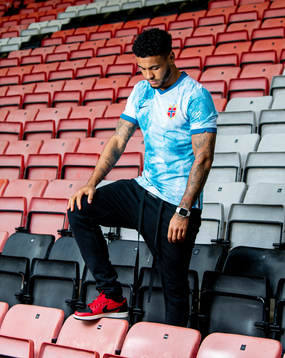 Joshua King of the Norwegian national football team poses