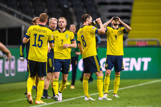 Sebastian Larsson of Sweden changes with Dejan Kulusevski
