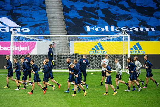 Players of the Swedish national football team warming up