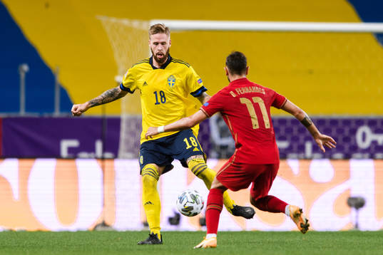 Pontus Jansson of Sweden and Bruno Fernandes of Portugal