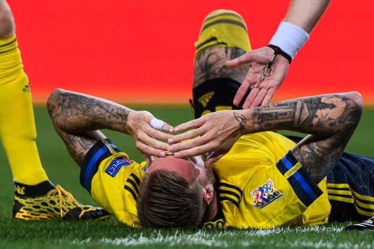 Pontus Jansson of Sweden in pain