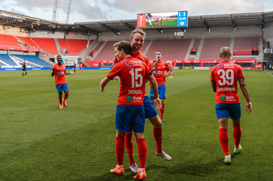 Helsingborgs Max Svensson och Rasmus Jönsson jublar