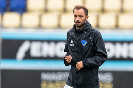 Falkenbergs Grégoire Amiot före fotbollsmatchen i