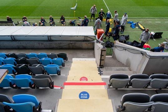 Signs mark the line between blue and red zone