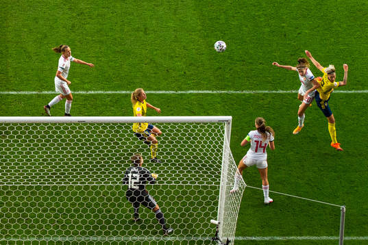 Lina Hurtig of Sweden scores 1-0 behind goalkeeper Barbara