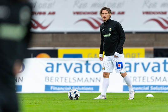 Varbergs Robin Book före fotbollsmatchen i Allsvenskan