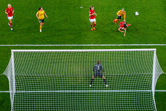 Maren Mjelde of Norway, Jess Fishlock of Wales and Ingrid